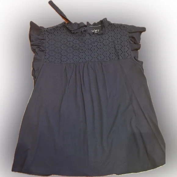 LOFT cotton tie back keyhole Navy Eyelet ruffled collar soft babydoll Blouse NWT - Picture 2 of 4